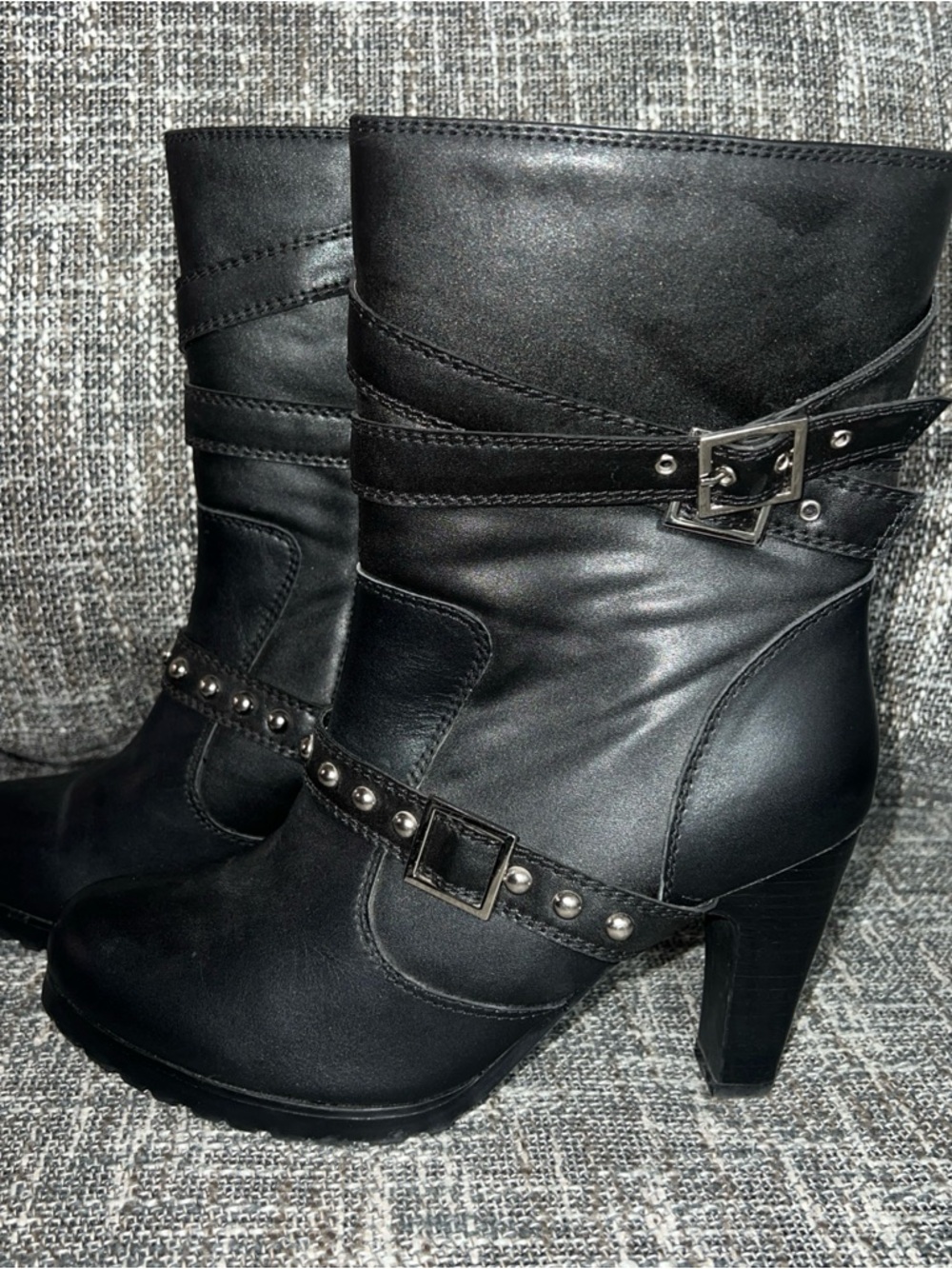 Ride Tecs Black Studded Strap Mid-Calf Heeled Biker Boots Women’s 9  #8645